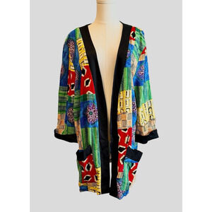 VTG 80s Kimono Open Front Jacket Womens 18W Bold Retro Patchwork Artsy Statement